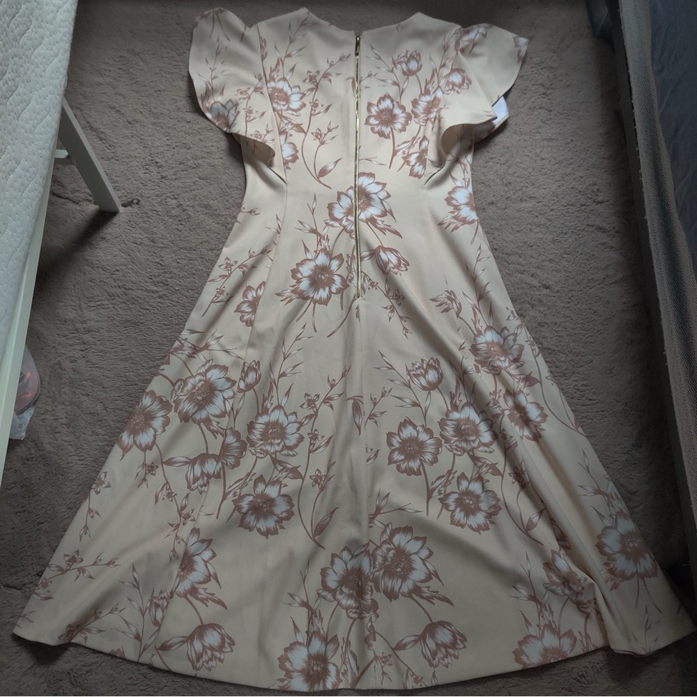 Calvin Klein Flutter Sleeve Cream A-Line Midi Dress V Neck Button Front Size 10 - Picture 8 of 10